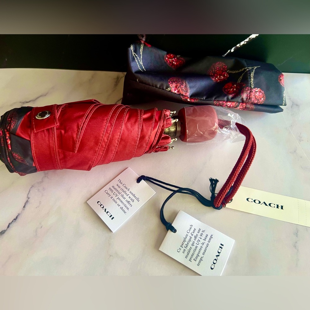 Coach UV Protection Mini Umbrella ☂️/☀️W/Sequin Pattern Dark Cherry 🍒 Print NWT - Picture 2 of 3